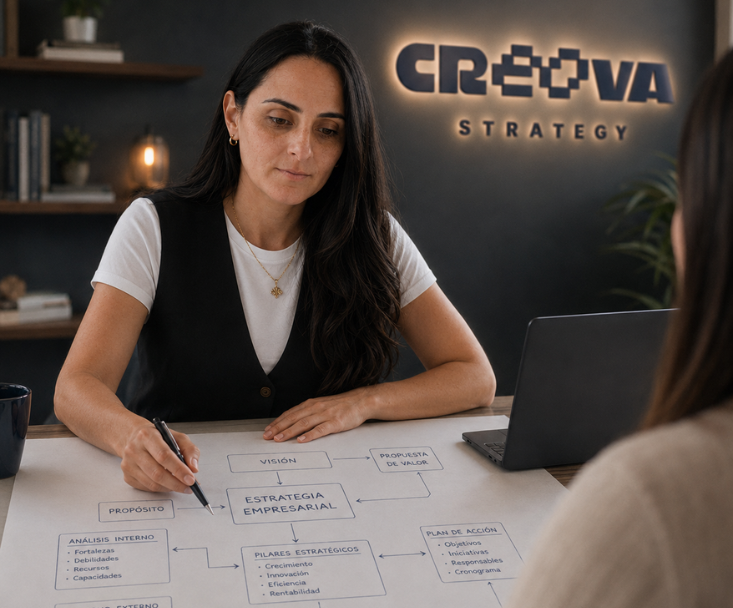Equipo CREOVA trabajando en la estrategia del cliente
